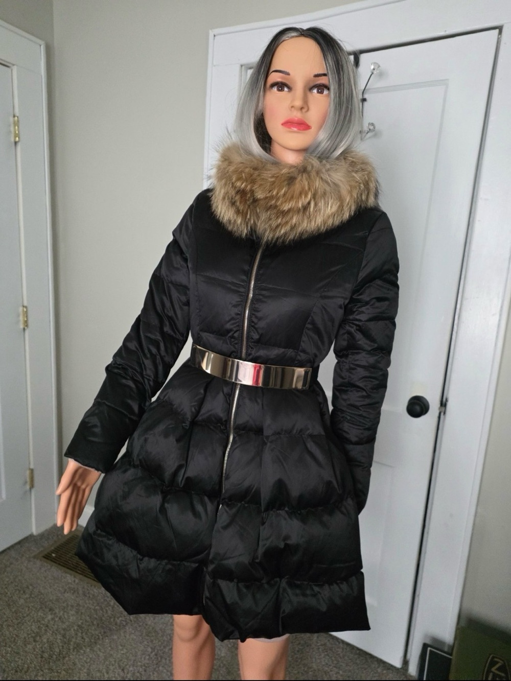 Flared down coat with belt